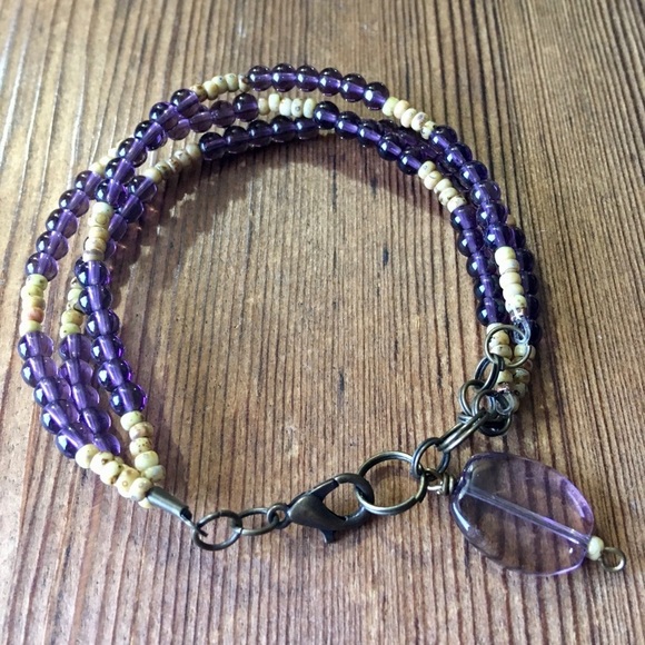 Purple and Tan Triple Strand Ladies Beaded Bracelet, Handmade Ladies Bracelet - Picture 3 of 6